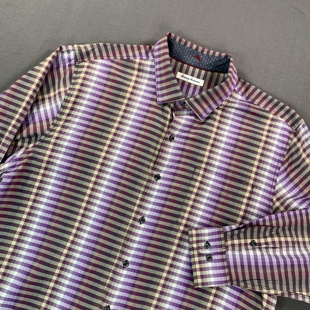 Tommy Bahama Shirt‎ Men XL Purple Plaid Cotton Silk Stretch Long Sleeve Button